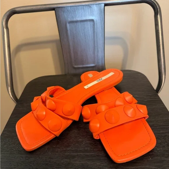 Zara Neon Orange Studded Square Toe Slide Sandals Statement Minimalist EU38 7.5 - Picture 10 of 10